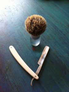 Meditation aids: Swedish steel blade and a badger brush. OK. I know. It was a present, alright? I 